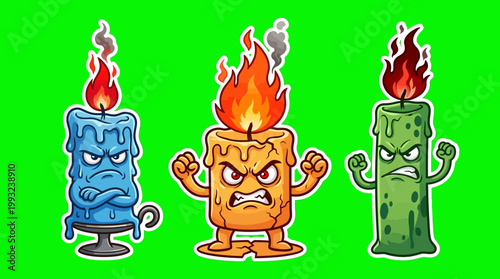 Cartoon Candles with Angry Faces and Burning Flames on Green Background.