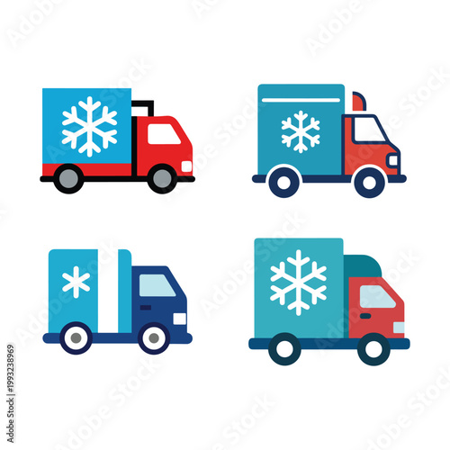 Four different colored trucks with snowflakes on the side for refrigeration purposes  refrigerated transportation vehicles with snowflakes on the cargo containers