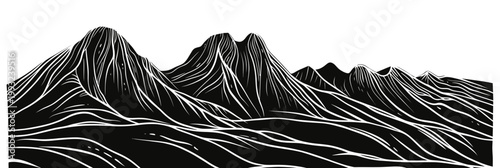Black and white minimalist vector mountain landscape illustration with sharp peaks and flowing lines in woodcut style artistic design for nature and travel themes