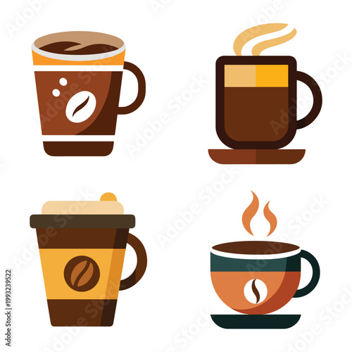 Four different colorful coffee cups with lids and saucers on white background  various types of hot beverages