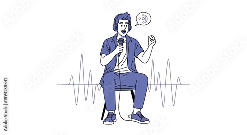Man with headphones speaking into microphone with sound waves, podcasting concept
