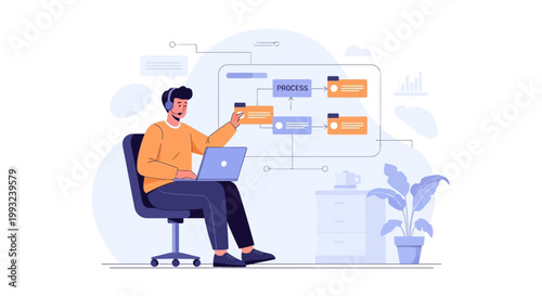Man with headphones working on laptop, analyzing process flowchart on screen