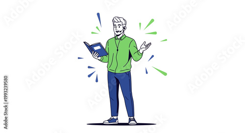 Man with headset and book, speaking with enthusiasm, illustration