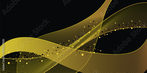 Gold waves background. Golden wave lines with glowing light effect on black background. Curved abstract stripes forming fluid motion and elegant movement.
