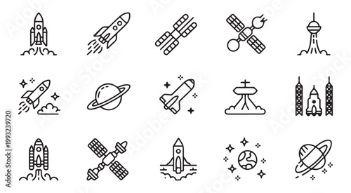 Cosmos exploration thin line icons set with satellites planets rocket ships and space station parts.