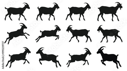Goat silhouette eid elements: Goats in various positions walking running jumping silhouette.