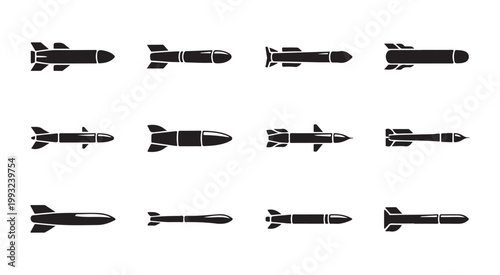 Military missile and torpedo silhouettes collection for defense industry and tactical weapon graphics.