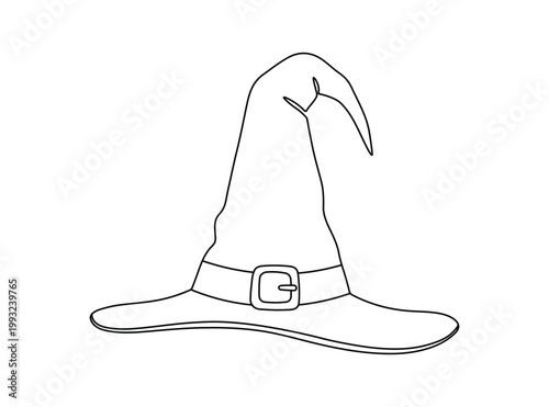 Pointy witch hat with buckle for Halloween costume illustration drawn in clean black line art style for holiday designs