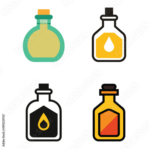 Four different colorful potion bottles icons with lids and various liquids inside  chemical containers