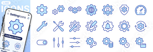 Gear, cogwheel line icons set. App settings button, slider, wrench tool, fix concept minimal vector illustrations. Simple flat outline signs for configuration. Blue duotone, Editable Stroke