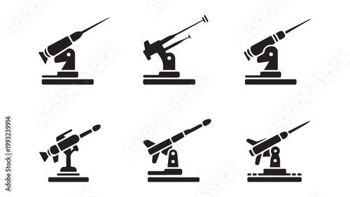 Set of silhouettes of anti-aircraft artillery guns isolated on transparent background.