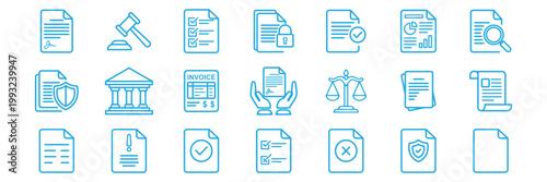 notary document icon set vector. legal and justice system outline icons, law attorney vector set. Law and justice icon set. Legal Law Document and Justice Court Vector Icon Set