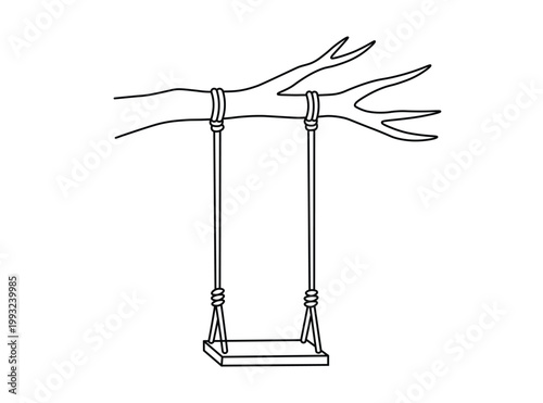 Wooden rope swing hanging from a thick tree branch for childhood nostalgia or outdoor recreation design themes