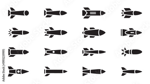 Collection of various black missile and bomb icons on checkered background.