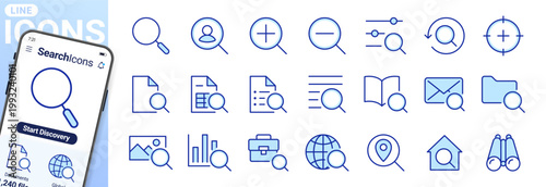 Search line icons set. Zoom, find document, magnify glass symbol, look tool, binoculars minimal vector illustrations. Simple flat outline signs for SEO analysis. Blue duotone, Editable Stroke