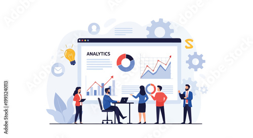 Illustration of business professionals analyzing financial data and charts on a computer screen in a modern office setting