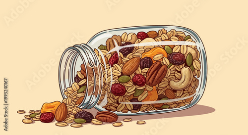 An illustration of a glass jar lying on its side, spilling out a mix of nuts and dried fruits onto a beige background, showcasing a colorful and healthy snack option.
