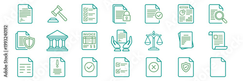 Justice and law line icon set. vector pictograms of judge, gavel, handcuffs, and courthouse, thin outline illustration. Court gavel line icon collection with legal process judiciary and law enforcemen