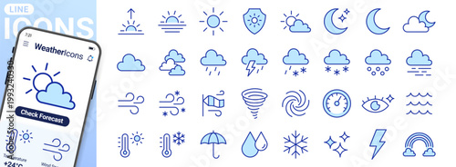 Weather forecast line icons set. Sun, rain, thunder storm, wind, snow cloud, moon, UV index minimal vector illustrations. Simple flat outline signs for web app. Blue duotone, Editable Stroke