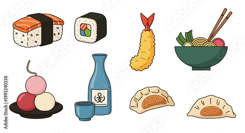 Sushi and Japanese Food Items Display.