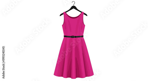 Pink sleeveless dress with black belt.