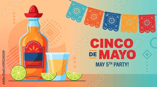 Cinco de Mayo Celebration Vector with Tequila Bottle and Decorations