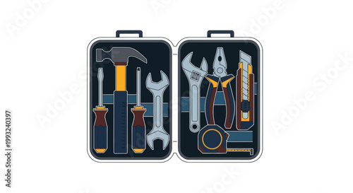 Open toolbox with various metal tools.