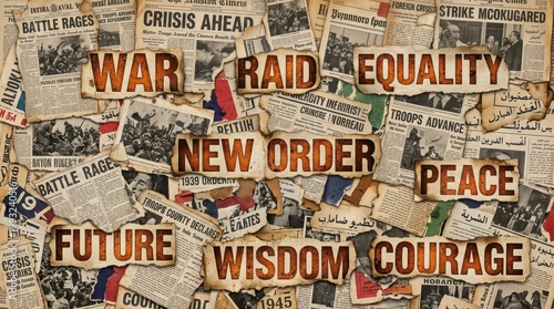 Vintage newspaper collage background, retro war and peace headlines, sepia history scrapbooking paper texture
