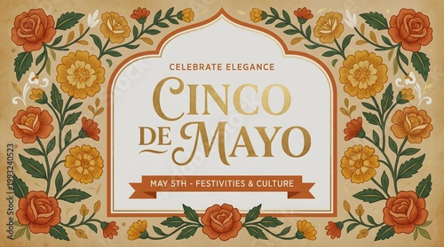 Cinco de Mayo Celebration Banner with Floral Folk Art Border