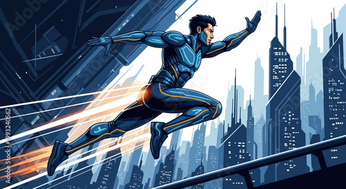 A futuristic man in a blue and gold suit runs with speed trails through a modern city skyline.