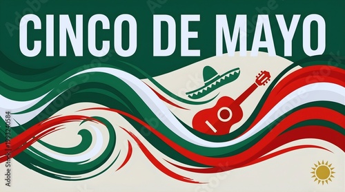 Cinco de Mayo Festive Banner with Mexican Flag Colors and Guitar