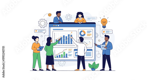 Illustration of diverse business team analyzing financial data and charts on a large computer screen during a meeting