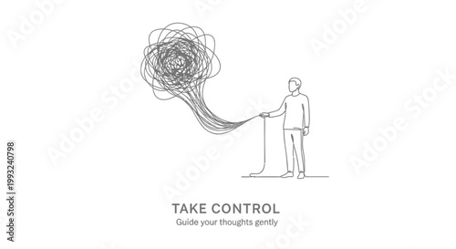 Minimalist line art illustration, Take Control concept, thought management, mental health