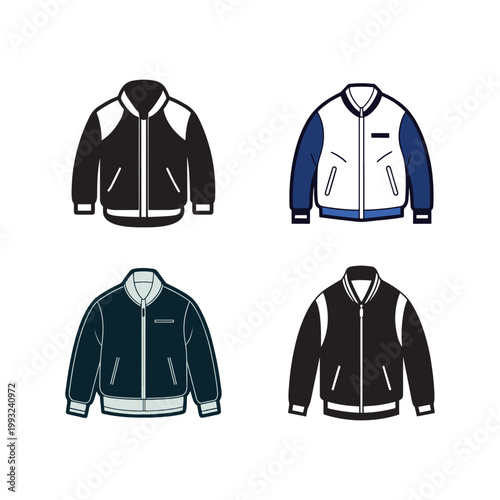 Four different jacket designs with zippers and pockets  various colors and styles  casual wear