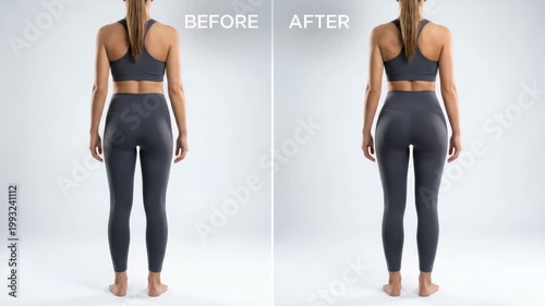 Woman in grey athletic outfit shows a noticeable butt lift from a back view in studio