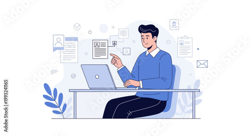 Man working on laptop, reviewing documents, digital interface, online job search, recruitment concept