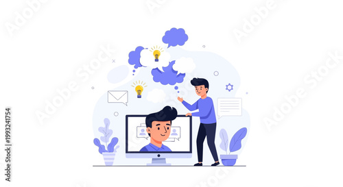 Online learning and brainstorming concept, people collaborating remotely with ideas and lightbulbs