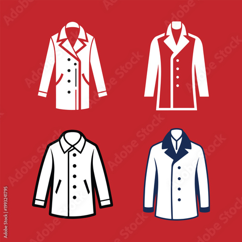 Four different styles of jackets with buttons and collars on red background  white and colored jackets with various designs