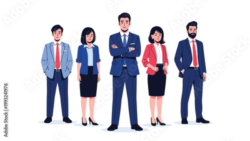 Five professionals standing in business attire with confident poses Vector