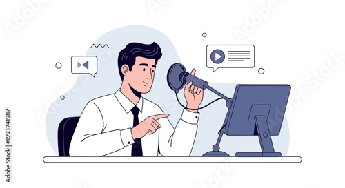 Podcaster Speaking into Microphone with Computer and Play Button Icon