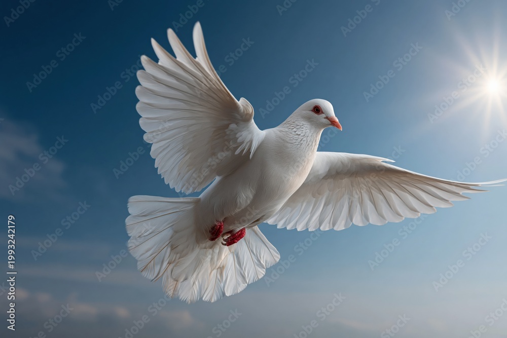Fototapeta premium White dove flying with outstretched wings in sunlit sky