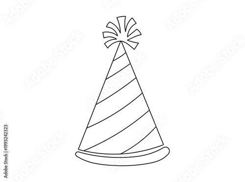 Single line art drawing of a classic party hat with striped pattern and pompom topper for birthday celebration