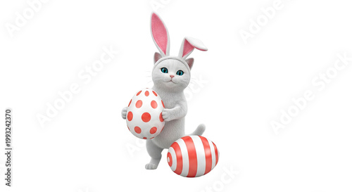 Cute White Cat Wearing Bunny Ears Holding Easter Eggs