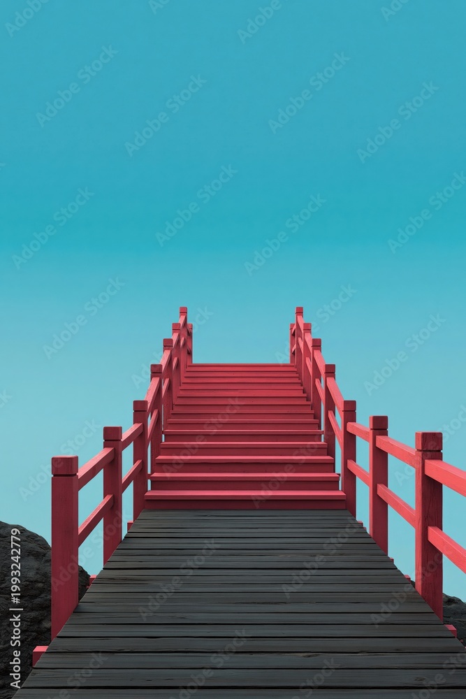 Fototapeta premium Red pier staircase extending over dark decking into clear sky