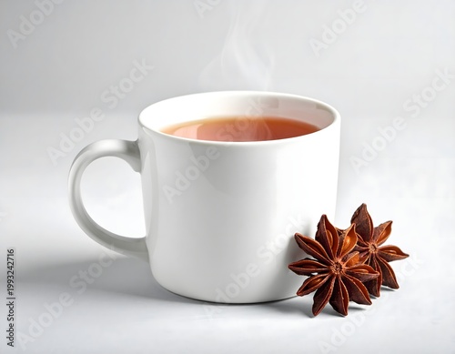 White cup with star anise spices and steam on bright background, cozy winter beverage still life, soft studio lighting, 3D render style, AI generated digital art