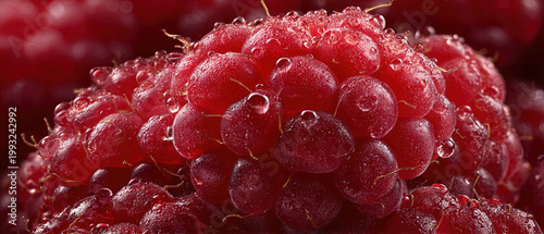 Vivid close-up of a ripe raspberry with dewy water droplets, emphasizing texture and freshness, perfect for food, health, or nature-themed projects.