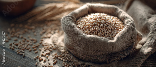 Close-up of a rustic burlap sack filled with wheat grains on a wooden table, surrounded by scattered kernels in warm natural light.