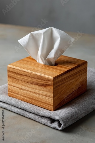 Wooden tissue box holding napkin on folded fabric surface