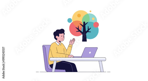 Young Man Working on Laptop at Desk with Tree Illustration Background