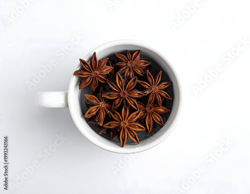 Top view star anise spice tea in white cup on bright background, minimal dark beverage still life, 3D render style, AI generated digital art